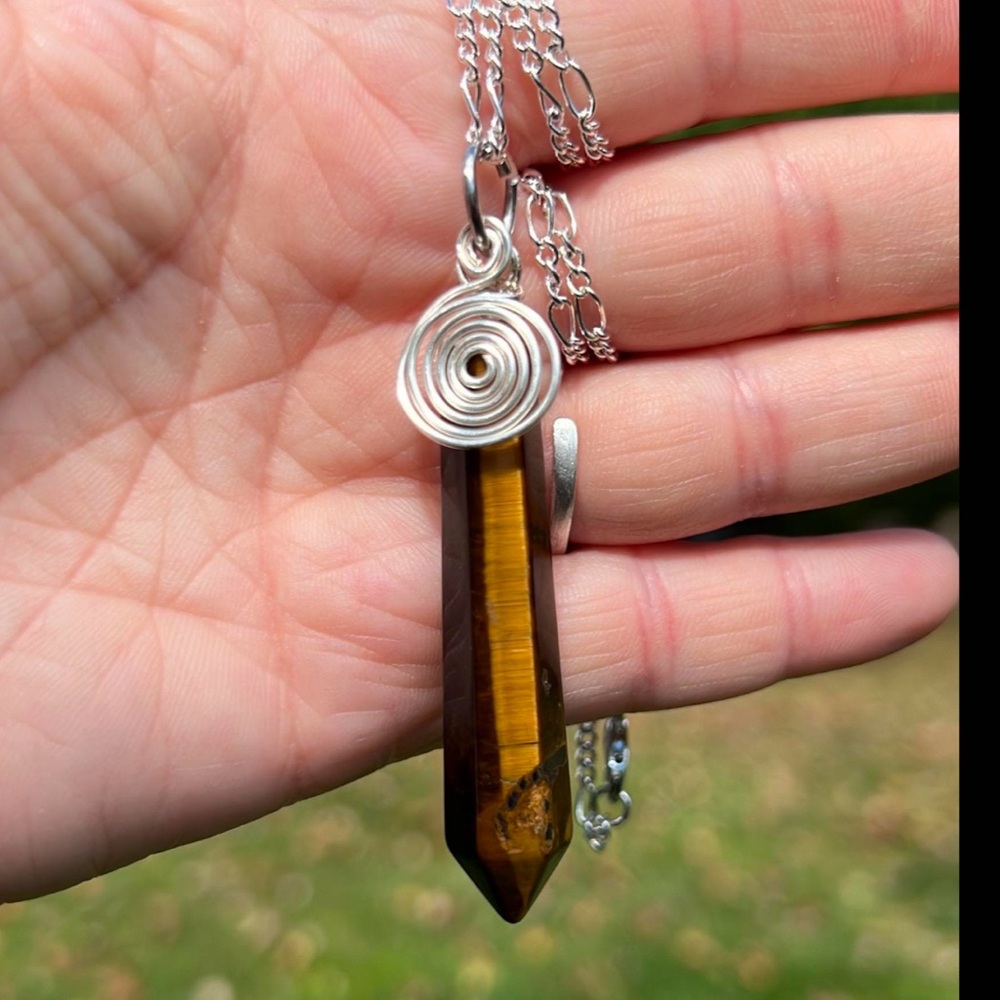 Tigers Eye Crystal Point with Spiral Pendant, Handmade by Wandering Bunny LLC